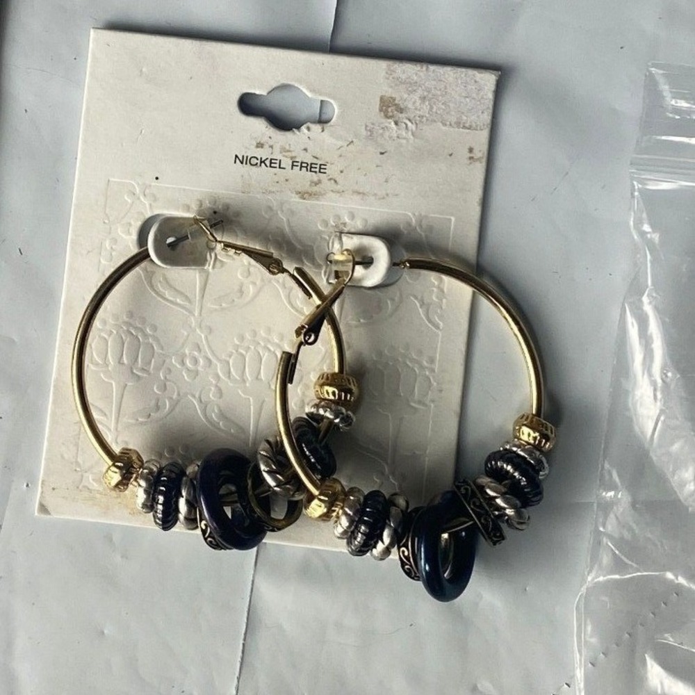 Gold Hoop Earrings with Blue Gemstone‎ Beads and Gold Accents